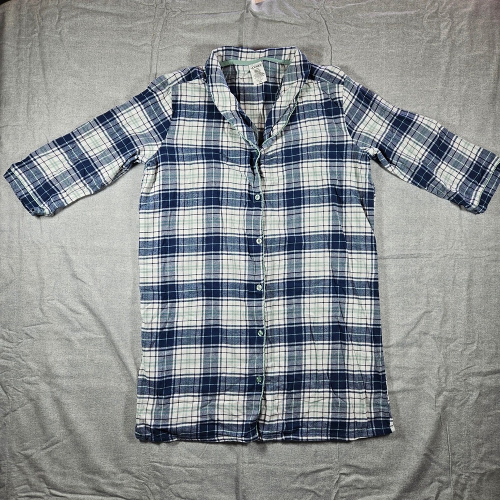 Jockey Womens Blue Plaid Flannel Button Front Nightshirt Sleep Dress Large